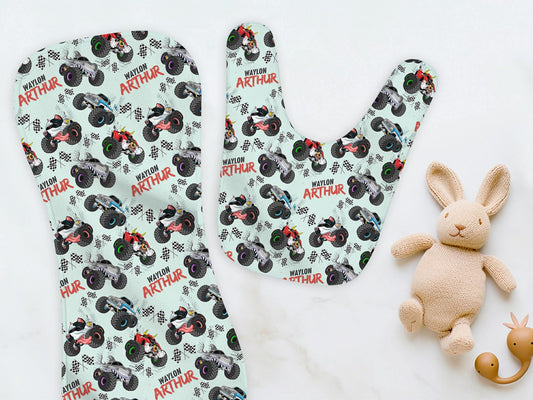 Monster Trucks Personalized Name Burp Cloth & Bib