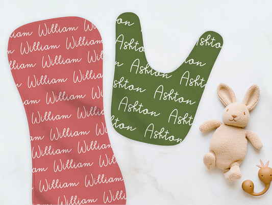 Solid Color Doodle Font Personalized Name Burp Cloth & Bib