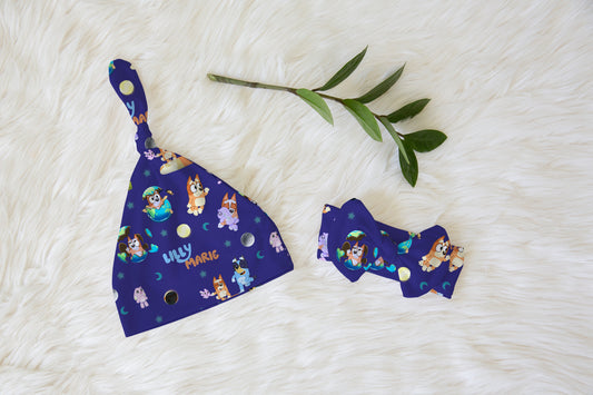 Sleepytime Pups Personalized Name Knotted Newborn Hat & Bow Headband