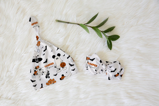 Boo Crew Halloween Personalized Name Knotted Newborn Hat & Bow Headband