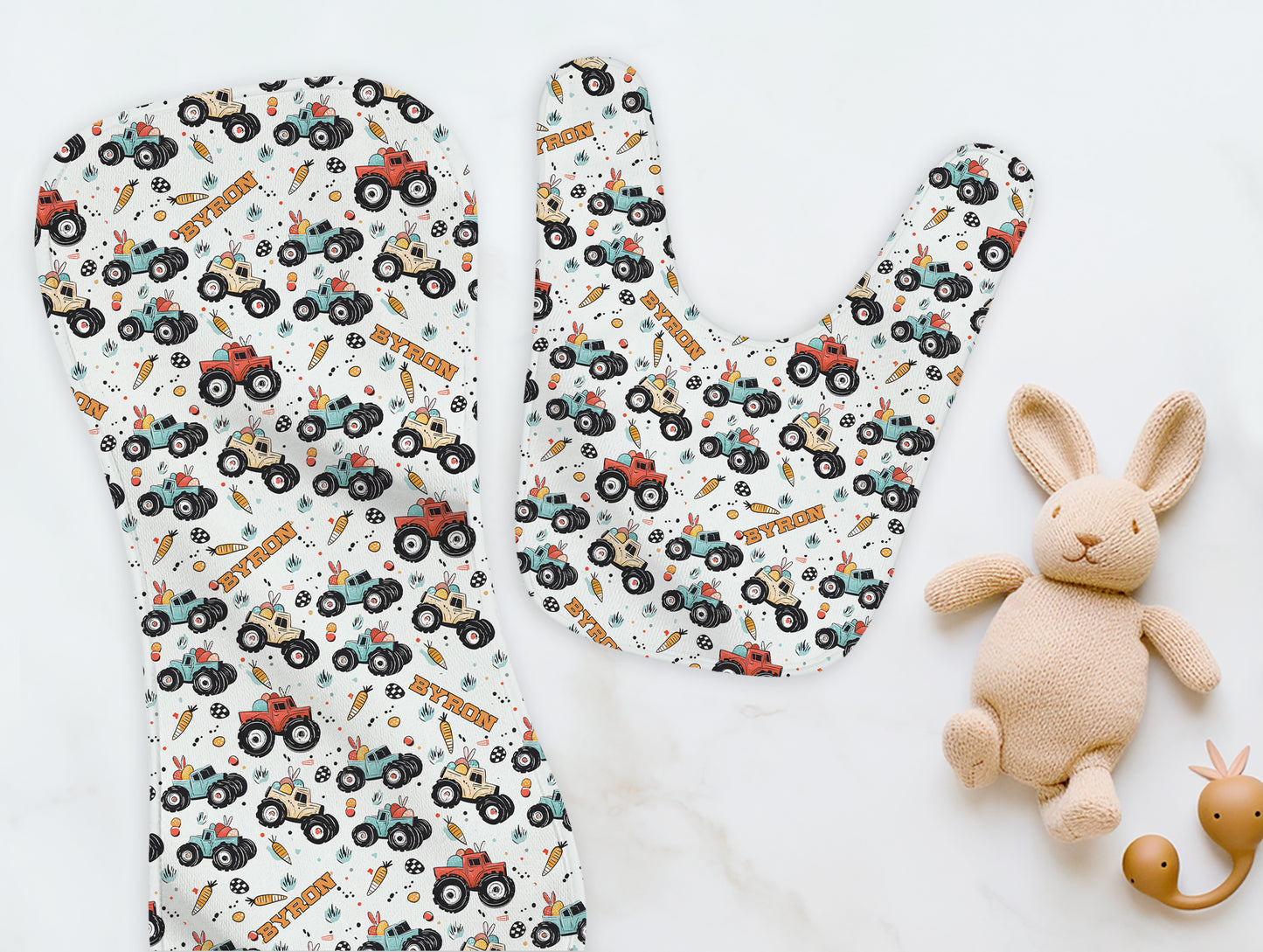Easter Monster Trucks Burp Cloth & Bib