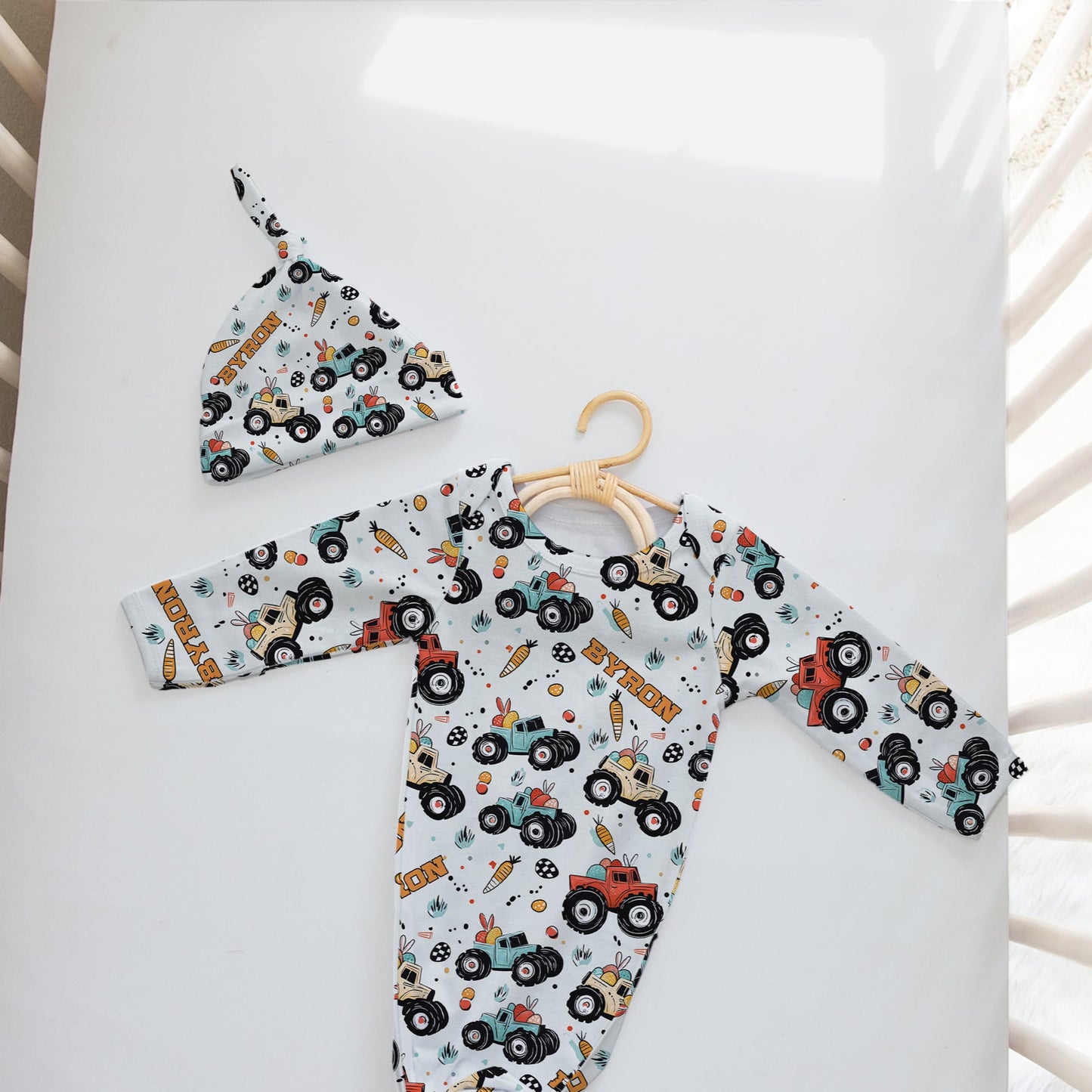 Easter Monster Trucks Personalized Name Infant Gown