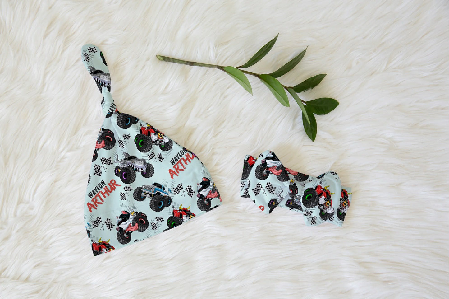 Monster Trucks Personalized Name Knotted Newborn Hat & Bow Headband
