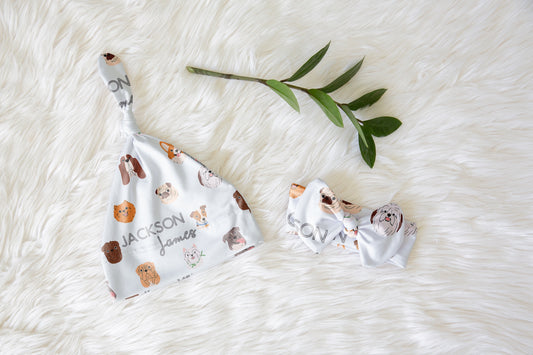 Dog Faces Knotted Newborn Hat & Bow Headband