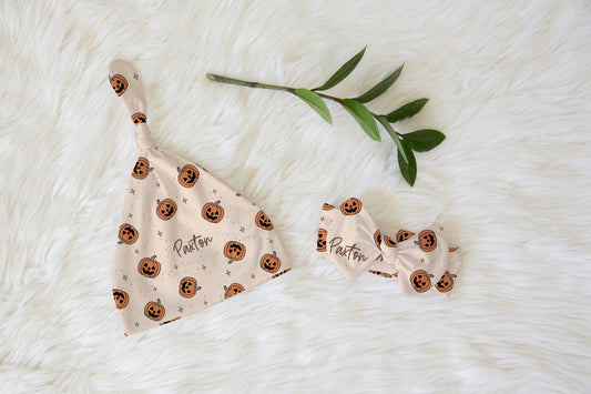 Pumpkin Halloween Personalized Knotted Newborn Hat & Bow Headband