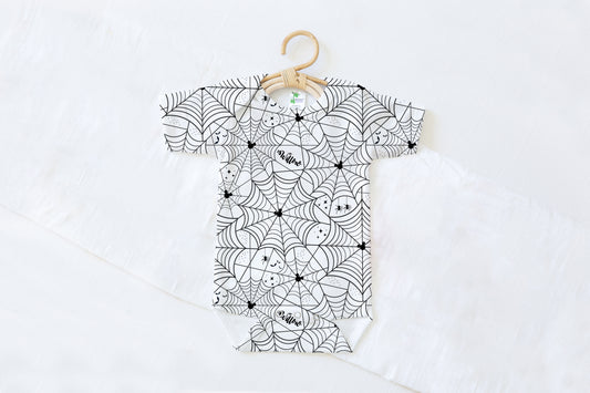 Spooky Webs Halloween Personalized Name Baby Bodysuit