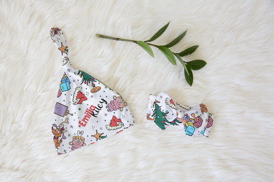 Mean But Merry Christmas Personalized Knotted Newborn Hat & Bow Headband