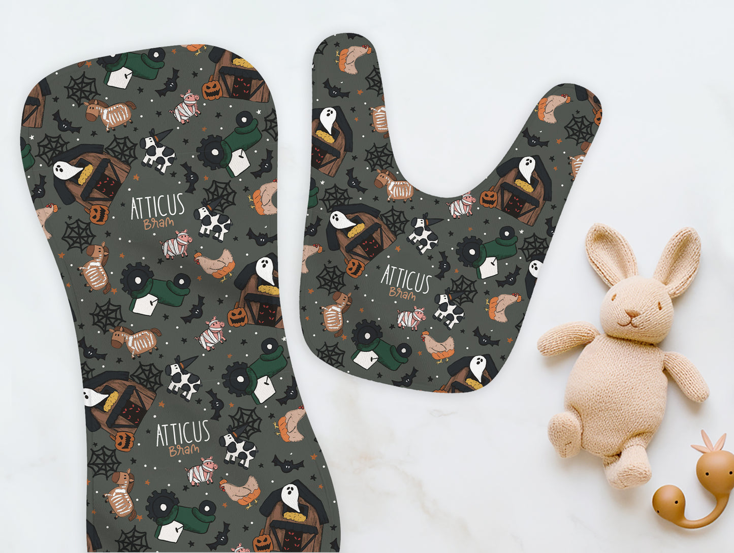 Barnyard Boos Halloween Personalized Name Burp Cloth & Bib