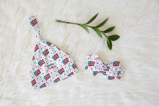 Land Of The Free Personalized Name Knotted Newborn Hat & Bow Headband