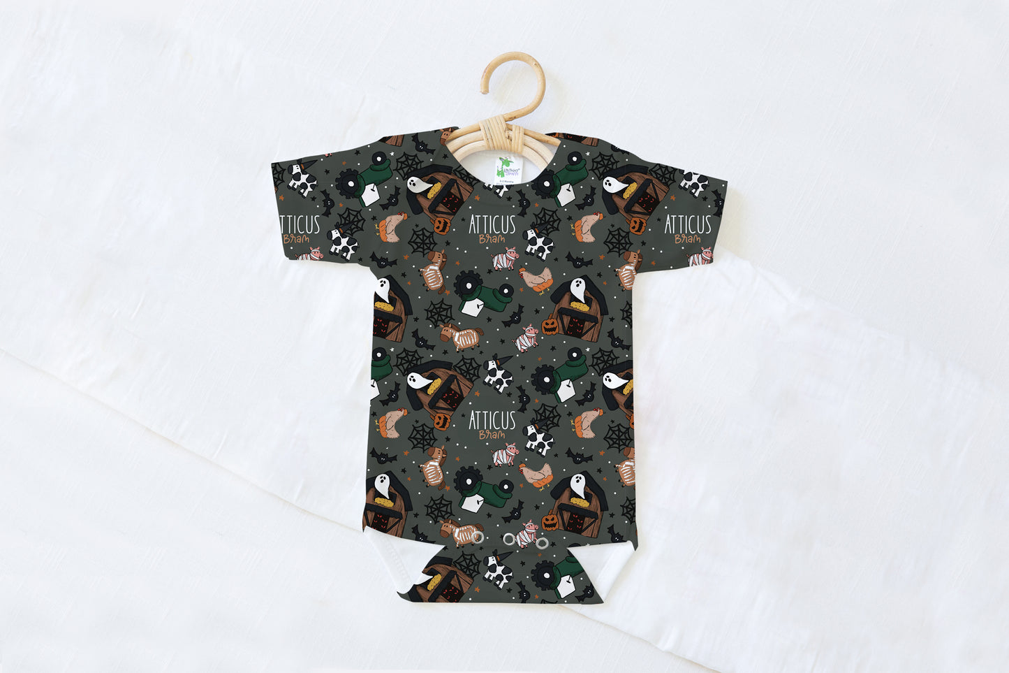 Barnyard Boos Halloween Personalized Name Baby Bodysuit