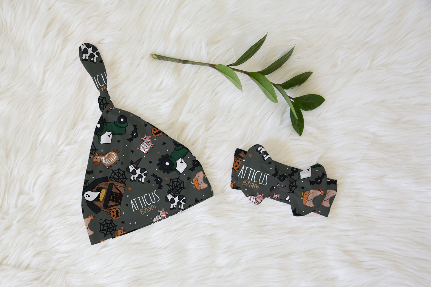 Barnyard Boos Halloween Personalized Name Knotted Newborn Hat & Bow Headband