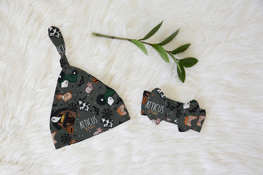 Barnyard Boos Halloween Personalized Name Knotted Newborn Hat & Bow Headband