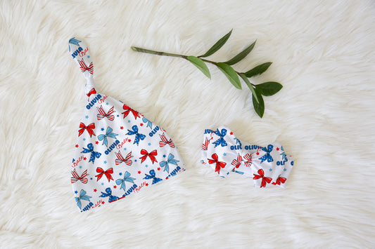 America The BOW-tiful Personalized Name Knotted Newborn Hat & Bow Headband