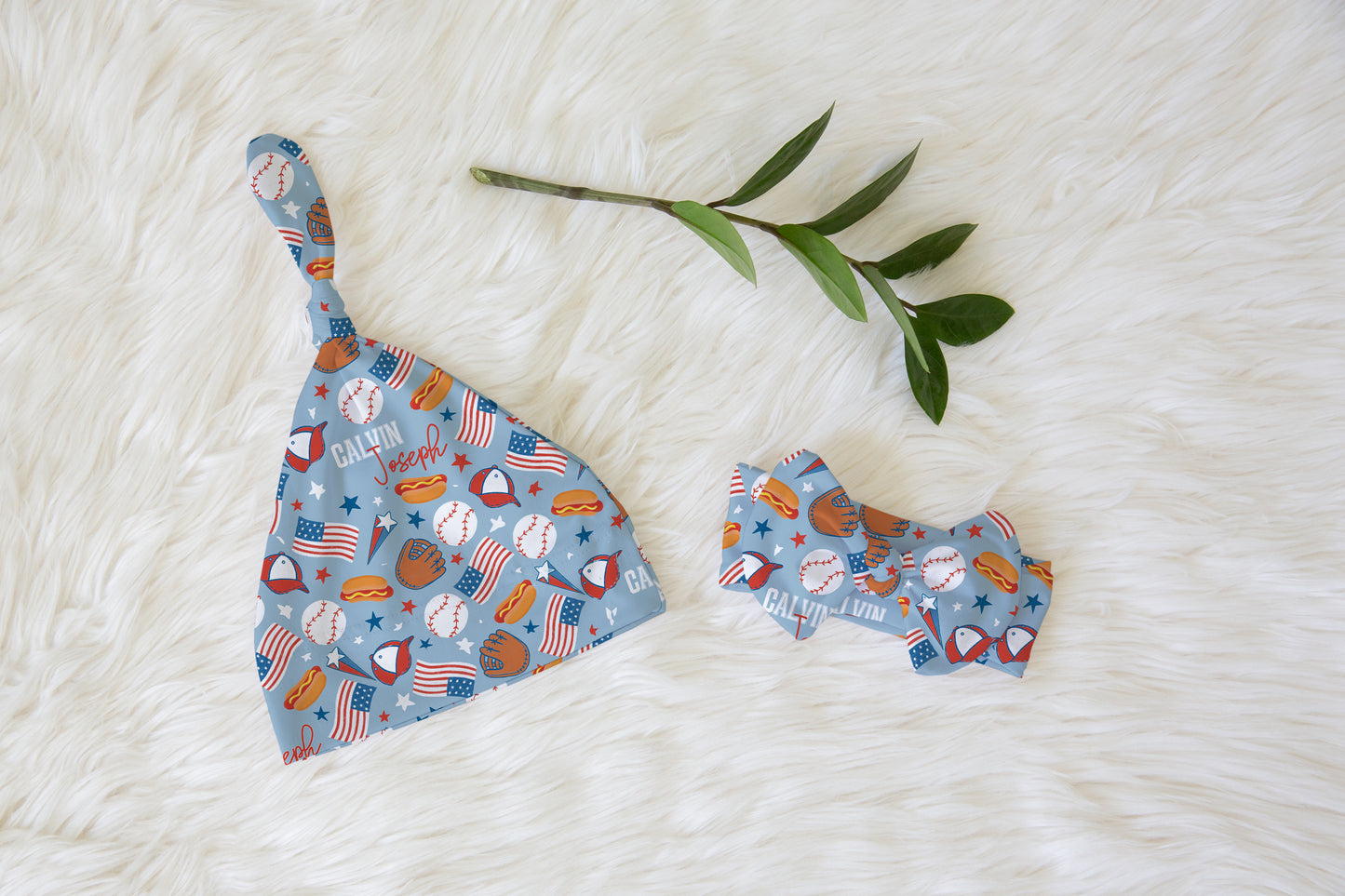 Take Me Out To The Ballgame Personalized Name Knotted Newborn Hat & Bow Headband