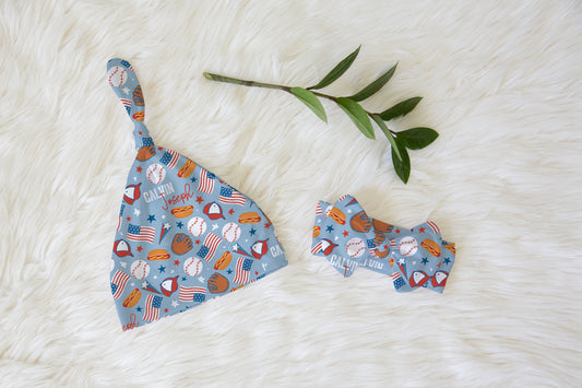 Take Me Out To The Ballgame Personalized Name Knotted Newborn Hat & Bow Headband