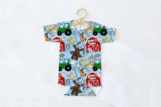 Farm Buddies Personalized Name Baby Bodysuit | Blue