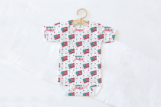 Land Of The Free Personalized Name Baby Bodysuit