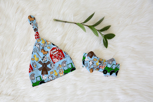 Farm Buddies Personalized Name Knotted Newborn Hat & Bow Headband | Blue