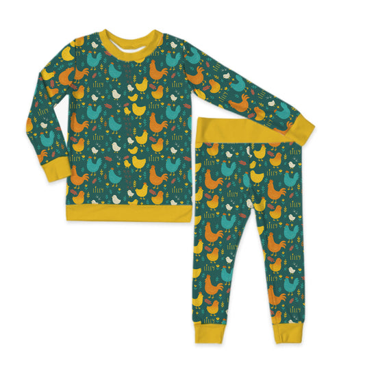 Cluck & Bloom Mustard Trim Long Sleeve Jersey Jams – Two-Piece Loungewear Set