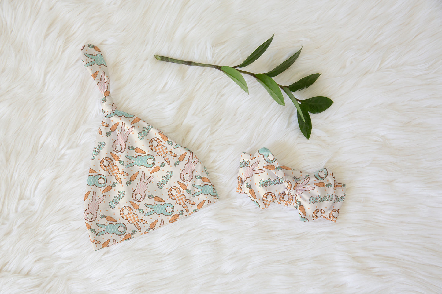 Easter Bunny Personalized Name Knotted Newborn Hat & Bow Headband