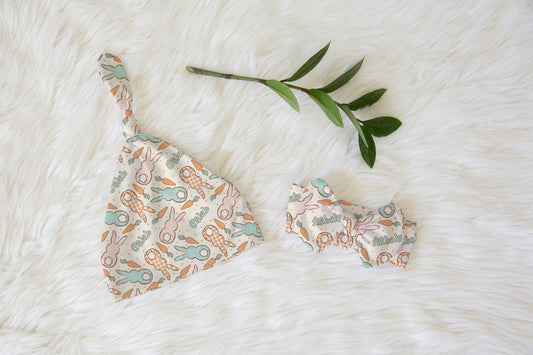 Easter Bunny Personalized Name Knotted Newborn Hat & Bow Headband